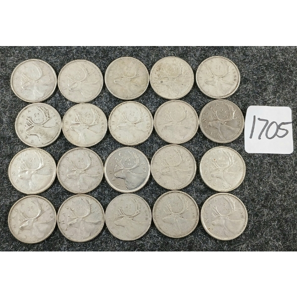 LOT OF 20 - 1939-1977 CDN 25 CENT COINS