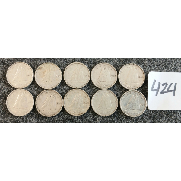 LOT OF 10 - 1947 CDN 10 CENT COINS