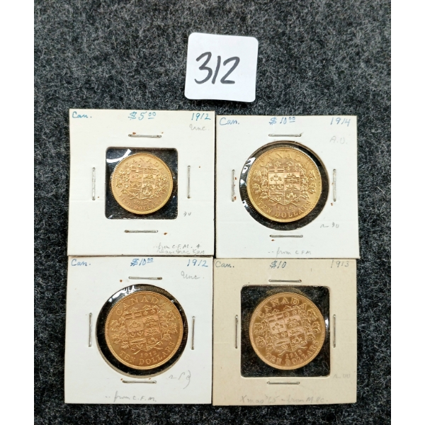 LOT OF 4 - 1912-1914 CDN $5 & $10 COINS
