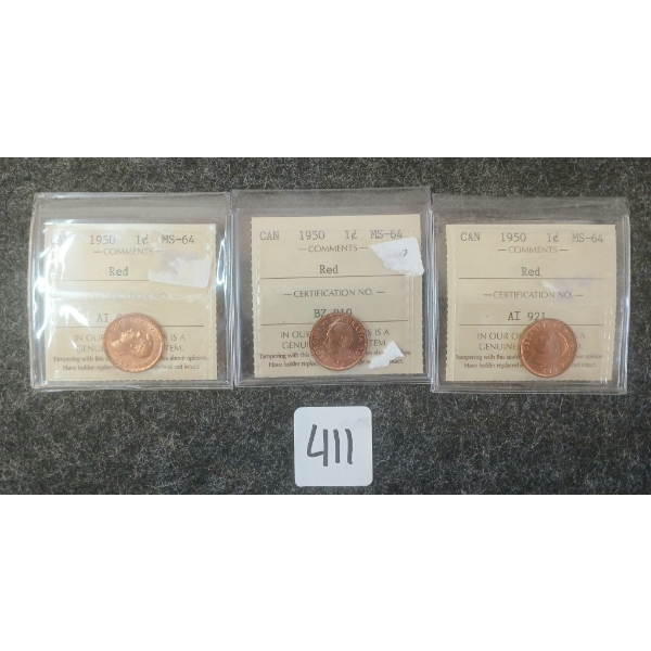 LOT OF 3 - 1950 CDN 1 CENT COINS - ICCS GRADED