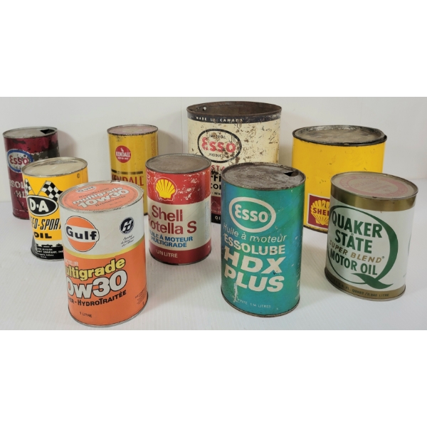  LOT OF 9 - MISC ANTI-FREEZE / MOTOR OIL CANS - INCL D-A, ESSO, KENDALL, ETC - GAL, QT & 5 LBS