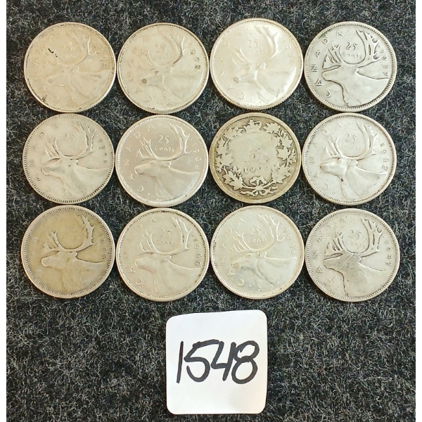 LOT OF 12 - 1900-1968 CDN 25 CENT COINS 