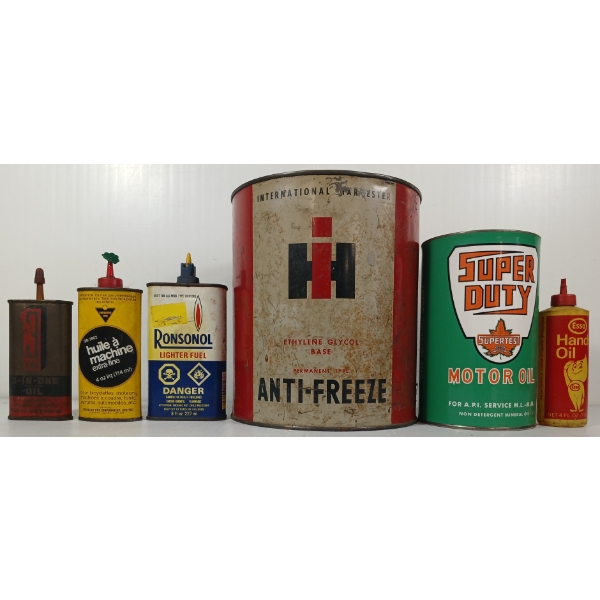 LOT OF 6 - ANTI-FREEZE MOTOR OIL CANS, OILERS - INTERNATIONAL, SUPERTEST, ETC
