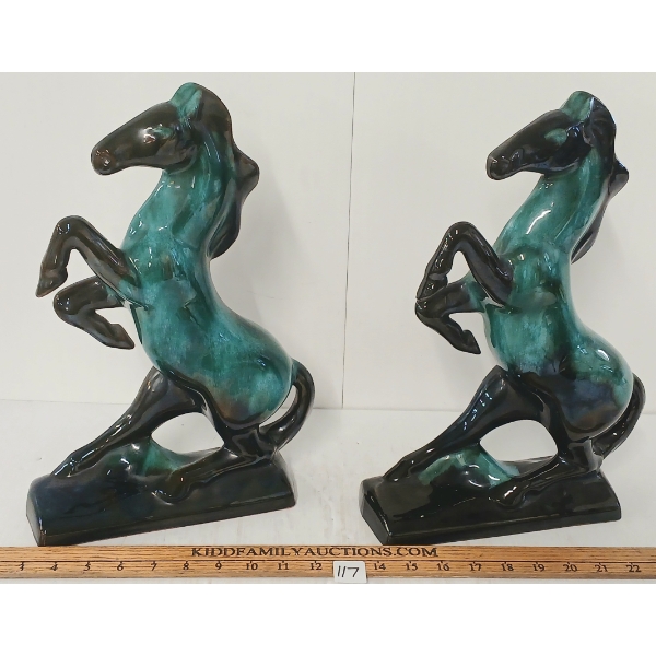 PAIR OF BLUE MOUNTAIN POTTERY REARING HORSE FIGURINES - C. 1960-70's