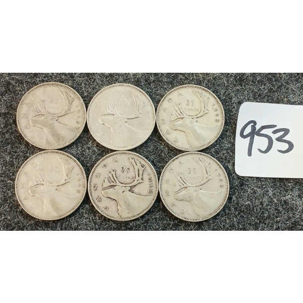 LOT OF 6 - 1948 CDN 25 CENT COINS