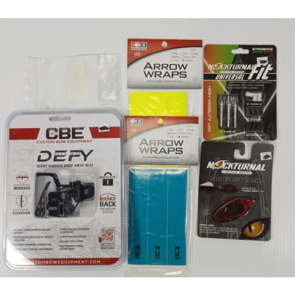 LOT OF 6 - CBE DROP AWAY REST, LIGHTED NOCKS, ARROW WRAPS, ETC
