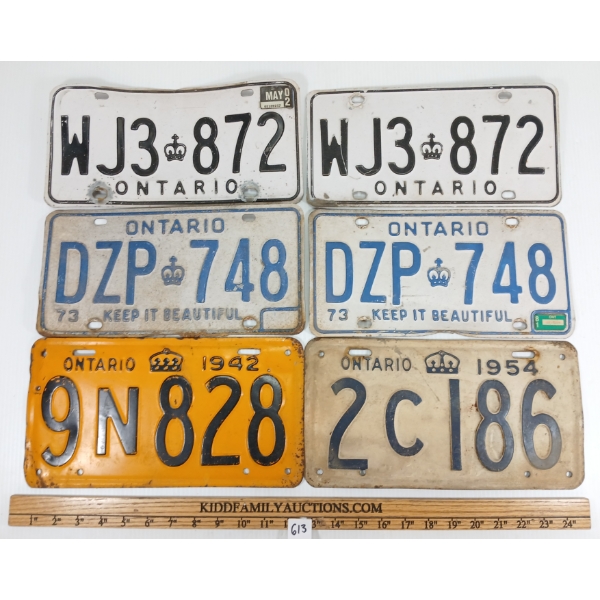 LOT OF 6 - ONTARIO LICENCE PLATES - INCL 1942, 1954, 1973 & 2002