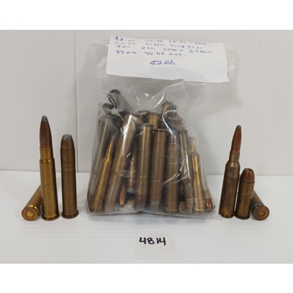 AMMO: APPROX. 52X MISC. RIFLE RNDS - INCL, .9MM, .25 REM, 38-40, ECT.