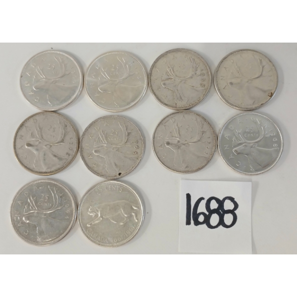LOT OF 10 - 1962-1968 CDN 25 CENT SILVER COINS