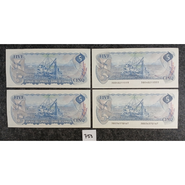 LOT OF 4 - 1972 & 1979 CDN $5 BANKNOTES - INCL SEQUENTIAL