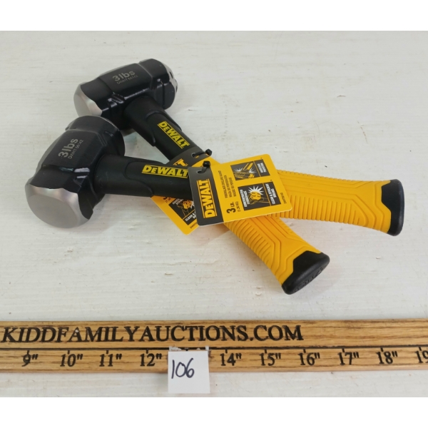 LOT OF 2 - DEWALT 3 LB FIBERGLASS DRILLING HAMMERS - AS NEW
