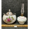 Image 2 : LOT OF 2 - W.M. A. ROGERS FLORAL MILK GLASS BISCUIT JAR & OIL LAMP