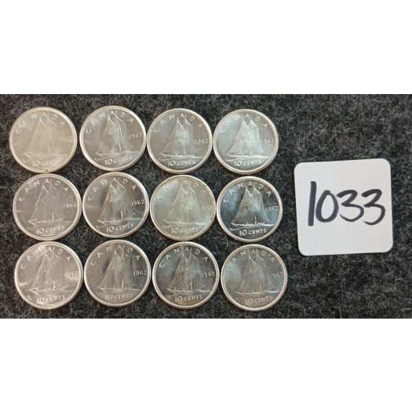LOT OF 12 - 1962 CDN 10 CENT COINS