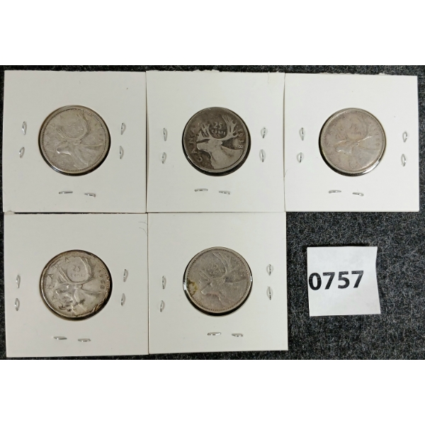LOT OF 5 - 1938-1959 CDN SILVER 25 CENT COINS 