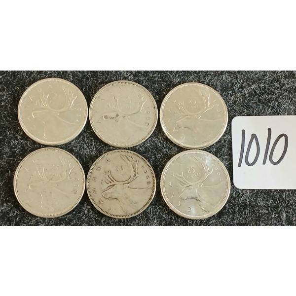 LOT OF 6 - 1948-1968 CDN 25 CENT COINS