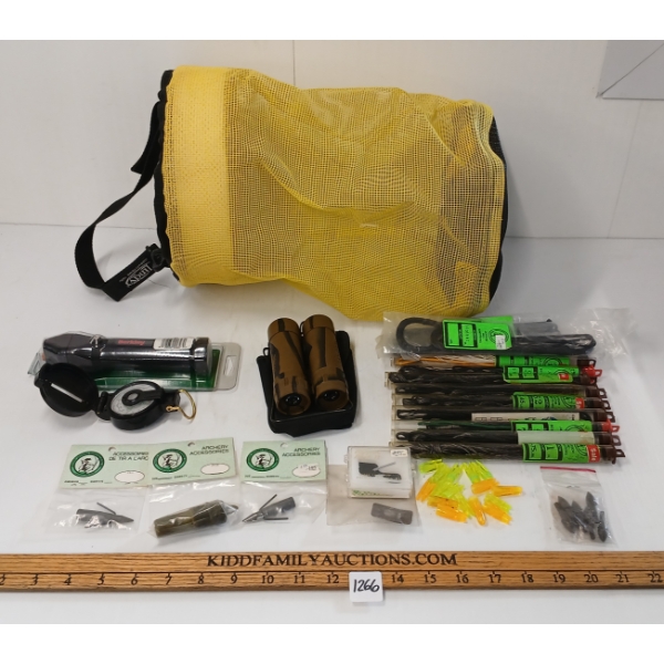 JOB LOT - SINKING FISH NET, LINE STRIPPER, SIMMONS BINOCULARS, ARCHERY ACCESSORIES, COMPASS, ETC