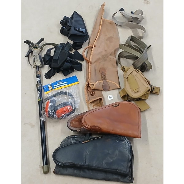 JOB LOT - PRIMOS BIPOD, HEARING PROTECTION, HANDGUN CASES & HOLSTERS & MISC WEB GEAR