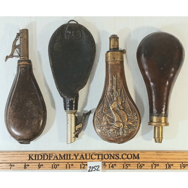 LOT OF 4 - BRASS & LEATHER POWDER FLASKS