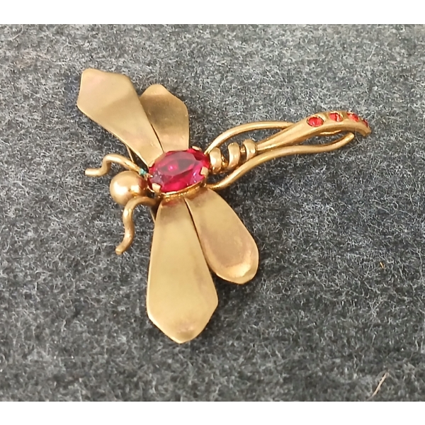 GOLD-TONED DRAGONFLY BROOCH W/ RED RHINESTONES