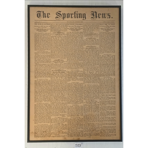 MARCH 17, 1886 "THE SPORTING NEWS" ST. LOUIS - FRAMED ARTICLE