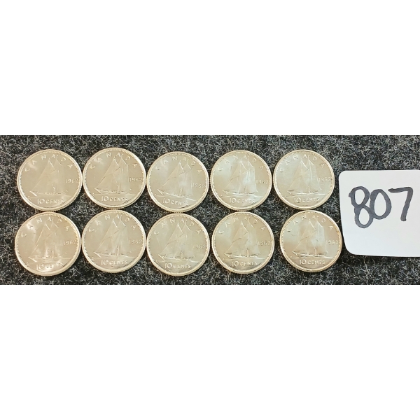 LOT OF 10 - 1962 CDN 10 CENT COINS