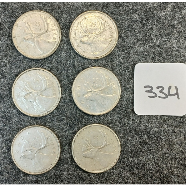 LOT OF 6 - 1964-1968 CDN 25 CENT COINS 