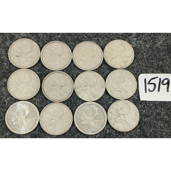 LOT OF 12 - 1940-1965 CDN 25 CENT COINS