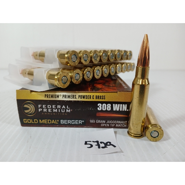 AMMO: 20X FEDERAL GOLD MEDAL BERGER .308 WIN - 185GR - JUGGERNAUT - OPEN TIP MATCH