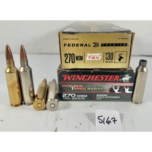 AMMO / BRASS: 27X LIVE & 13X BRASS .270 WSM 130GR. 