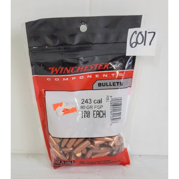 BULLETS: 100X WINCHESTER .243CAL - 80GR - PSP - SEALED