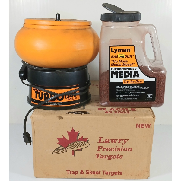 LOT OF 3 - LAWRY TRAP & SKEET TARGETS, LYMAN 1200 TUMBLER & MEDIA
