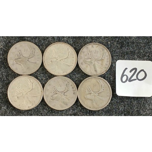 LOT OF 6 - 1941-1966 CDN 25 CENT COINS