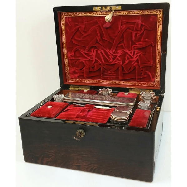 VICTORIAN COROMANDEL LADY'S VANITY CASE W/ CONTENTS - MOTHER OF PEARL TWEEZERS, JARS, ETC