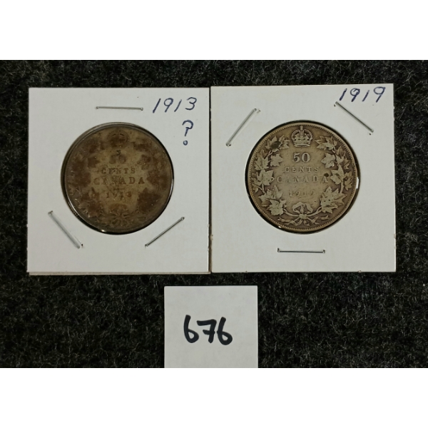 LOT OF 2 - 1913 & 1919 CDN 50 CENT SILVER COINS