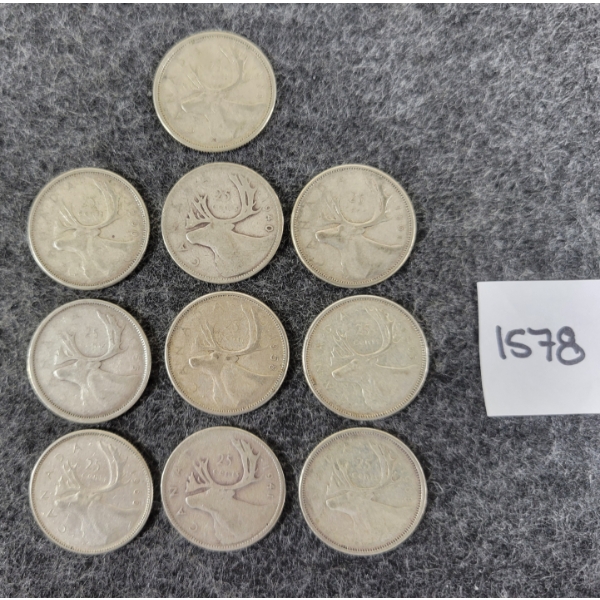 LOT OF 10 - 1940-1966 CDN 25 CENT SILVER COINS