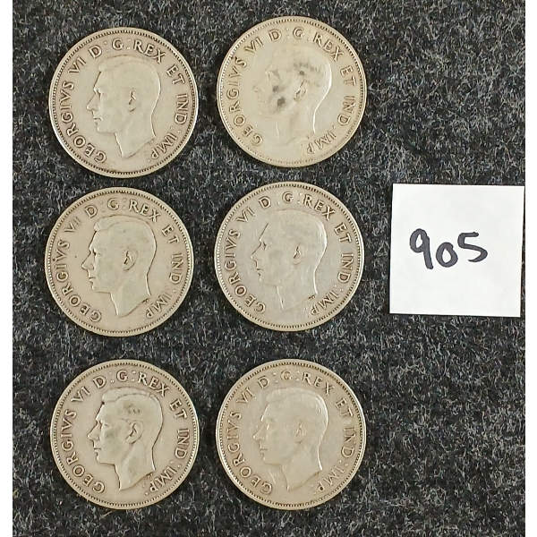 LOT OF 6 - 1942 CDN 50 CENT SILVER COINS
