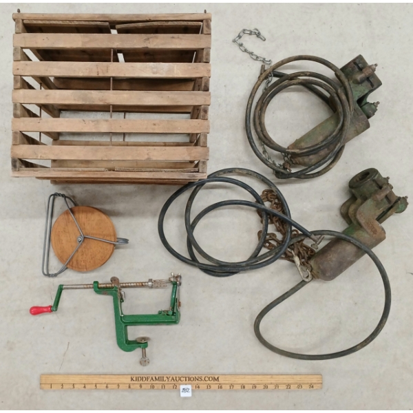 LOT OF 4 - APPLE CORER, PIGEON CAGE, PULLEY & JOHN DEERE 6886-C PTO TRACTOR AIR COMPRESSORS