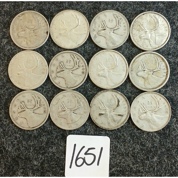 LOT OF 12 - 1940-1966 CDN 25 CENT COINS 