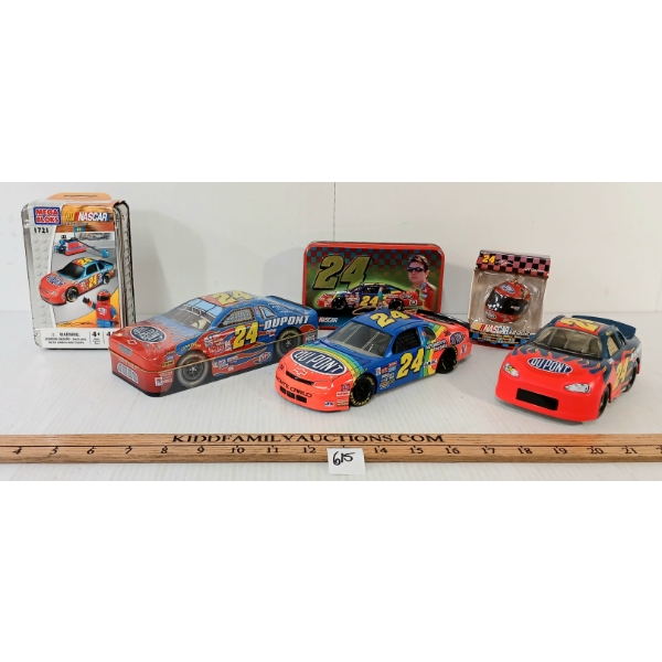LOT OF 6 - NASCAR JEFF GORDON #24 COLLECTIBLES - DIECAST MODEL, LEGO KIT, CARD GAME, KEYCHAIN, ETC
