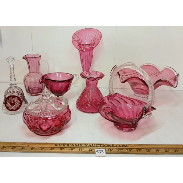 LOT OF 8 - FENTON CRANBERRY GLASS PCS & HOFBAUER "BYRDES" CRYSTAL DINNER BELL
