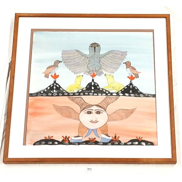 "OWL SPIRITS" BY EEGYVADLUK RAGEE (1920 - 1983) - FRAMED ACRYLIC & COLOURED PENCIL ON PAPER