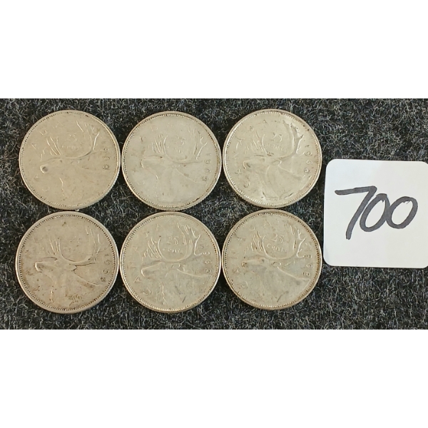 LOT OF 6 - 1958-1968 CDN 25 CENT COINS