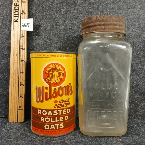 LOT OF 2 - BLUE RIBBON GLASS CANNING JAR & WILSON'S ROLLED OATS CAN
