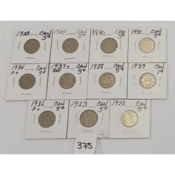 LOT OF 11 - CDN 5 CENT COINS - INCL 1923, 1928 & 1936 ETC