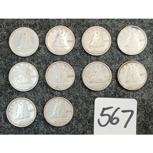 LOT OF 10 - 1944 CDN 10 CENT COINS
