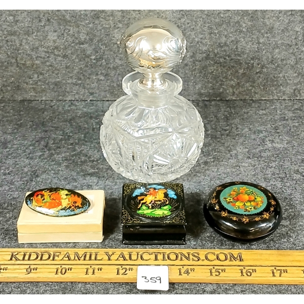 LOT OF 4 - ART NOVEAU CRYSTAL DECANTER, RUSSIAN BROOCH & TRINKET BOXES