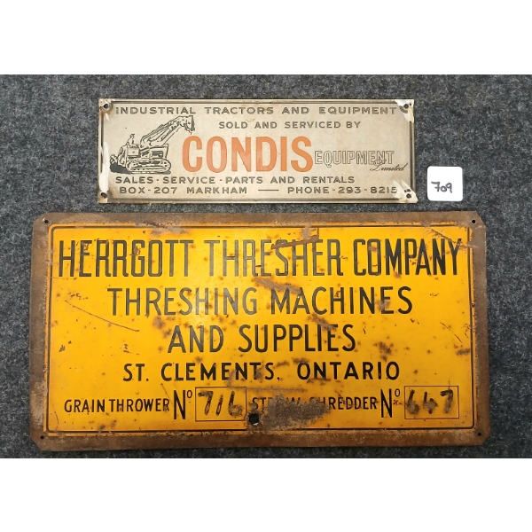 LOT OF 2 - HERRGOTT THRESHER COMPANY THRESHING MACHINES & CONDIS - SSP & SST SIGN 