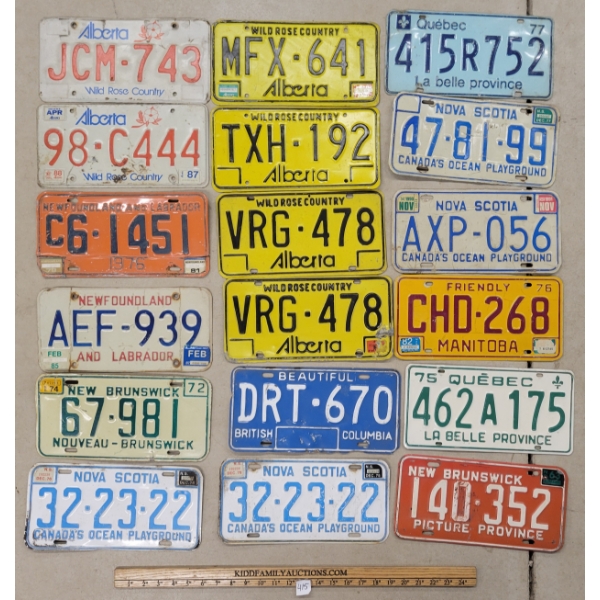 LOT OF 18 - CDN PROVINCES LICENCE PLATES - ALBERTA, MANITOBA, B.C., NOVA SCOTIA, ETC