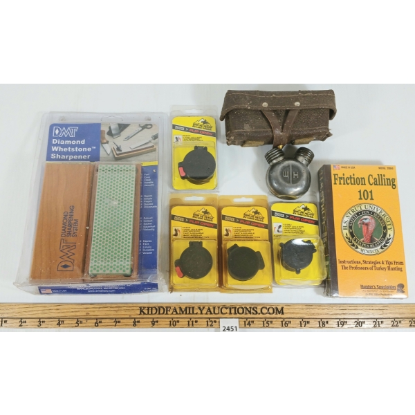 JOB LOT - BUTLER CREEK SCOPE COVERS, DIAMOND WHETSTONE SHARPENER, FRICTION CALLING 101, ETC 