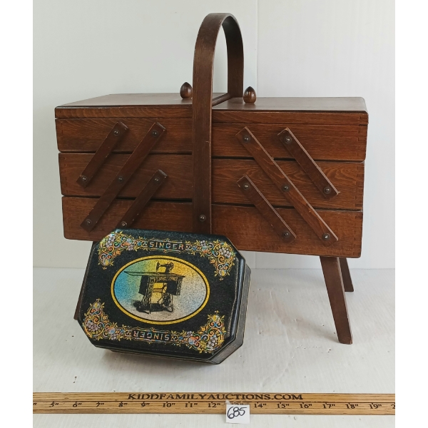 LOT OF 2 - SEWING BOX & SINGER TIN W/ CONTENTS